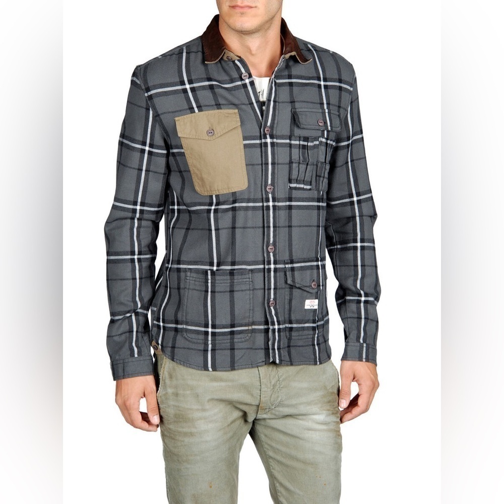 Diesel Chore Shirt Jacket Overshirt Flannel Check Leather Collar Small Mens‌‌‌‌